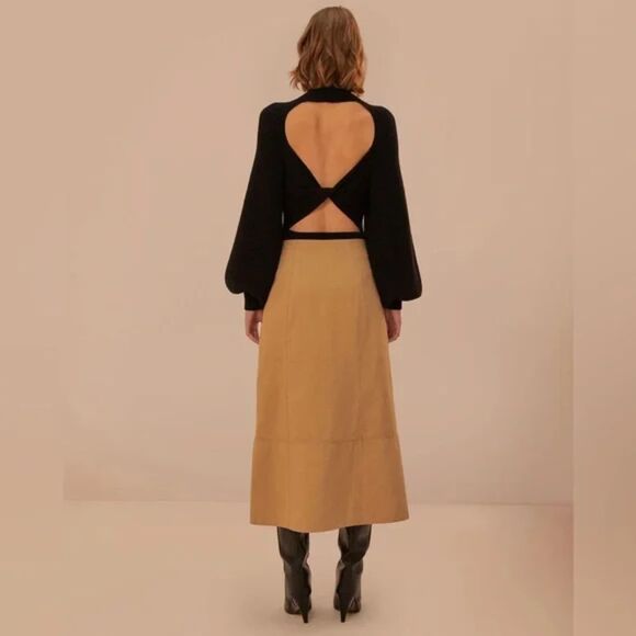 Farm Rio Tan Button Front Midi Skirt | Military Style Utility Skirt with Pockets - Picture 2 of 9